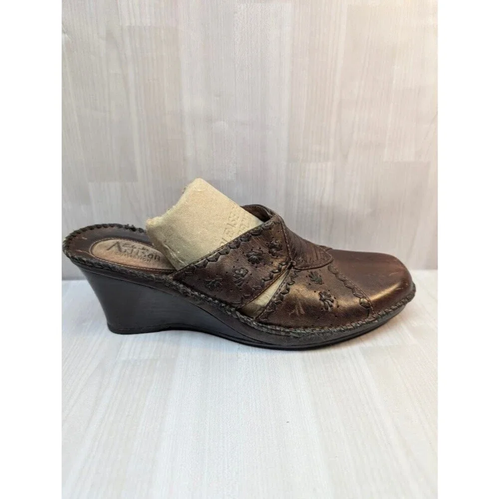 Clarks Artisan Clogs Mules Wedge Heel Womens Sz 10M 74530 Dark Brown Leather
